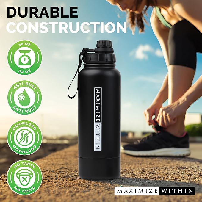 Double Wall Stainless Steel Water bottle with Dual lids (Straw & Spout) Hidden Compartment, Vacuum Insulated, Reusable. Black. 32 oz