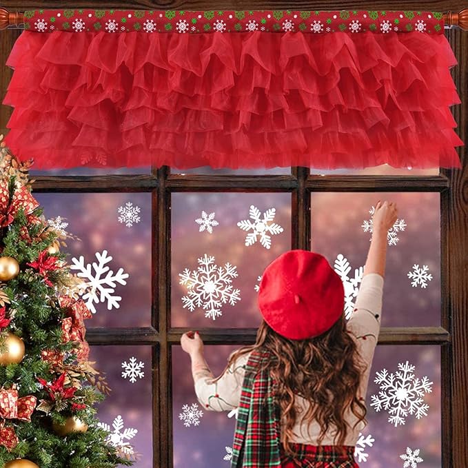 Red Valance Tulle Valance Curtains for Kitchen Girl Bedroom Windows Baby Living Room Nursery Door Bathroom Christmas Decorations 52" × 16"