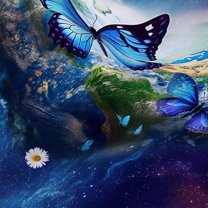 AILONEN Blue Butterfly Shower Curtain 72" W*84" H,Mystic Galaxy Earth Starry Bathroom Decor,Modern Floral Butterfly Bath Curtain Polyester Waterproof Bathroom Curtain with 12 Hooks