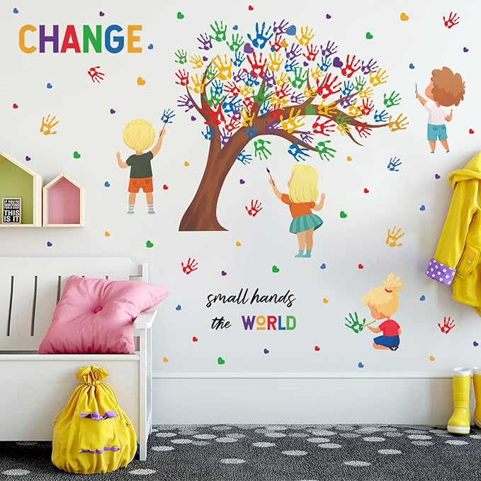 Children's Day Wall Decal Gifts for Kids Small Hands Change the World Equality Wall Stickers 2 Sheet of 82pcs Classroom Wall Decals Colorful Inspirational Quotes Wall Sticker for Reading Room Playroom