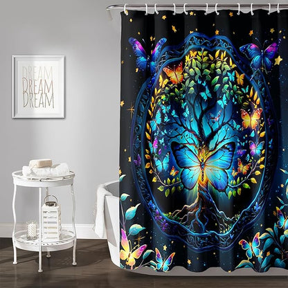 AILONEN Tree of Life Shower Curtain for Bathroom,Glowing Butterfly Starry Bath Curtain,Modern Tree Floral Print Curtain Decoration Waterproof with 12 Plastic Hooks for Boys Girls Adults 72" W*78" H