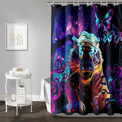 AILONEN 3D Tiger Shower Curtain for Bathroom,Purple Magic Forest Wildlife Printed Bath Curtain,Boys Roaring Tiger Decoration Shower Curtain Waterproof 72" W*96" H