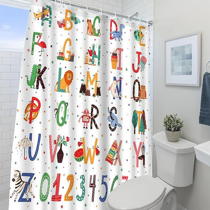 Aperturee Alphabet ABC Learning Shower Curtain for Kids Bathroom Animals Kids ABC Figure Educational Tool Cartoon Animals Girls Boys Colorful Decorative Bath Curtain with 12 Hooks,72x72 Inch