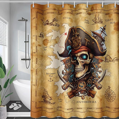 AILONEN Pirate Skull Shower Curtain for Bathroom,Vintage Ocean Nautical Bath Curtain Decoration,Pirate Captain Old Map Print Waterproof Shower Curtain with 12 Plastic Hooks, 60" W*72" H