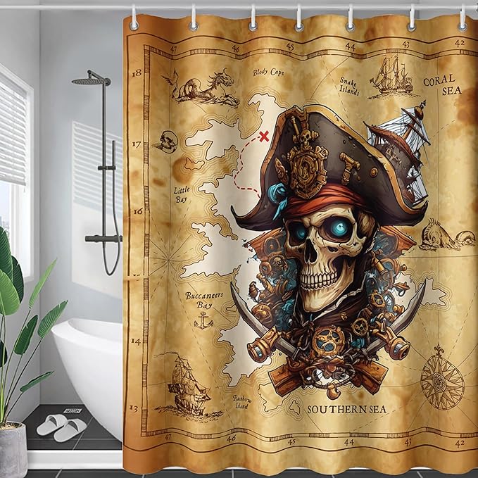 AILONEN Pirate Skull Shower Curtain for Bathroom,Vintage Ocean Nautical Bath Curtain Decoration,Pirate Captain Old Map Print Waterproof Shower Curtain with 12 Plastic Hooks, 72" W*96" H