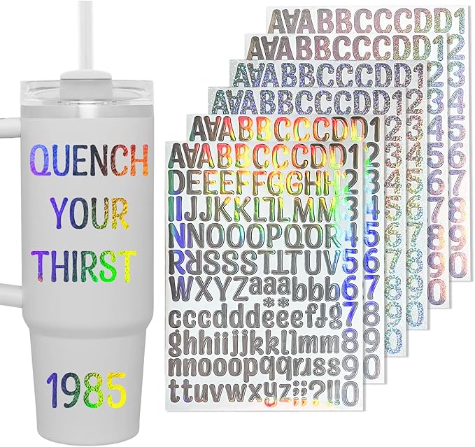6 Pack Shiny Letters Stickers for Stanley Cups, Self Adhesive Waterproof Vinyl Custom Name Alphabet Number Sticker, Tags Logo Decor for Adults Kids Laptop Sign Desk Classroom