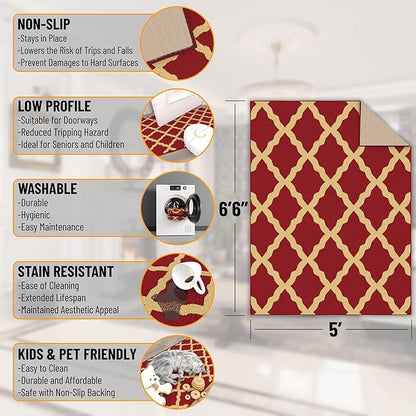 Machine Washable Trellis Design Non-Slip Rubberback 5x7 Traditional Area Rug for Living Room, Bedroom, Kitchen, Dining Room, 5' x 6'6", Red