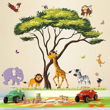 Jungle Animals Tree Wall Decals Woodland Animals Large Tree Wall Stickers Lion Elephant Zebra Safari Wall Sticker Removable DIY Peel and Stick for Kids Baby Bedroom Living Room Mural Decor