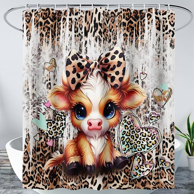 AILONEN Cartoon Yak Shower Curtain Set, Kids Leopard Print Love Yak Waterproof Fabric Shower Curtain for Bathroom Decor,Bow Tie Yak Cloth Bath Curtain Set with Plastic Hooks,72" Wx78 H