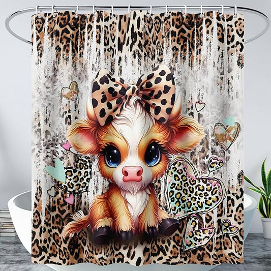 AILONEN Cartoon Yak Shower Curtain Set, Kids Leopard Print Love Yak Waterproof Fabric Shower Curtain for Bathroom Decor,Bow Tie Yak Cloth Bath Curtain Set with Plastic Hooks,60" Wx72 H