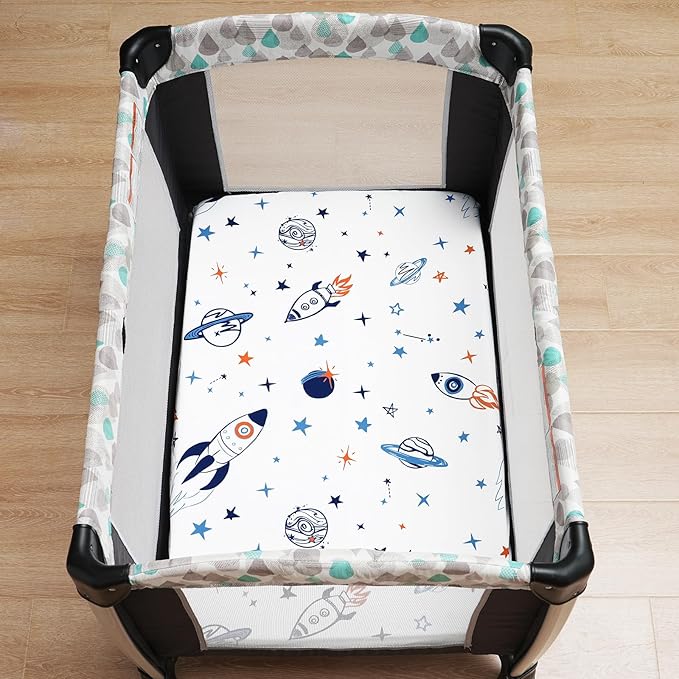 3 Pack Mini Crib Sheets, Premium Pack N Play Sheets for Boys Girls Neutral, Soft Breathable Baby Sheets Fit Pack N Play, Playard and Mini Crib Mattresses, Space