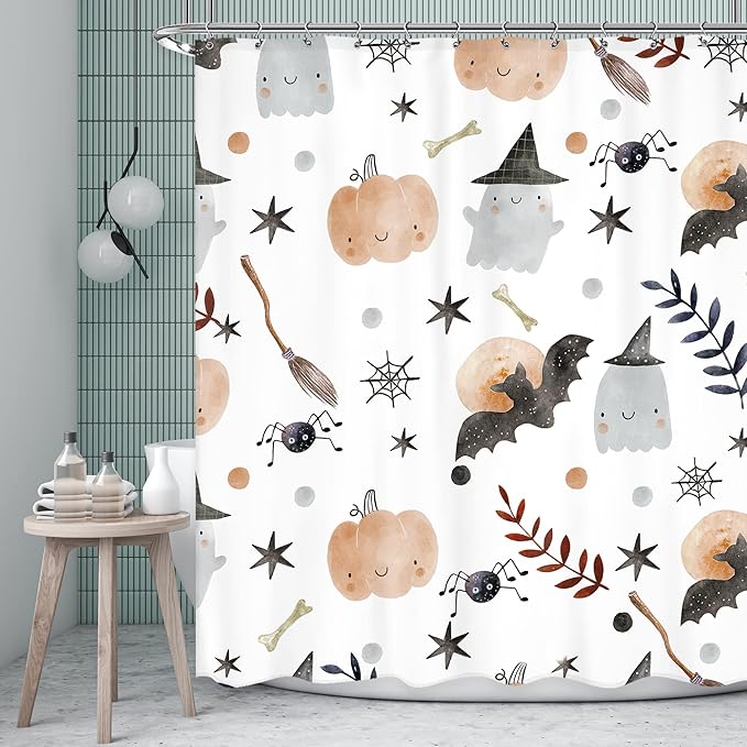 Halloween Kids Shower Curtain 60Wx72L Inch Cute Cartoon Ghost Pumpkin Shower Curtain Bathroom Set Bat Spider Web Wizard Hat Funny Stars Leaves Bath Curtain Bathtub Accessories Home Decor