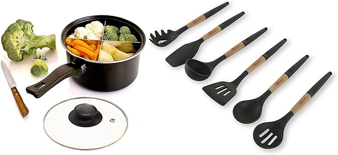 Silicone Cooking Utensils Set (6 pcs) Natural Wood Kitchen Utensils – Eco Friendly & BPA Free, Non-Scratch & Non-Stick Easy Grip -Black