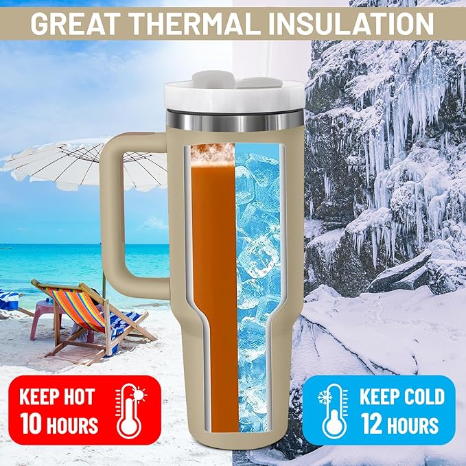 40oz stainless Steel Insulated Tumbler with Handle, lid and straw for cold water, Iced tea, or coffee - 100% Leak-Proof - Cupholder Friendly Travel Mug- Gifts for Women Men Him Her (Brown)