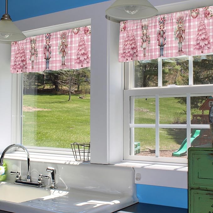 Pink Plaid Nutcrackers Christmas Window Valance for Kitchen Living Room, Pink Christmas Nutcrackers Window Curtain for Bedroom Bathroom, Pink Window Valance Rod Pocket Window Treatment, 54" W x 18" L