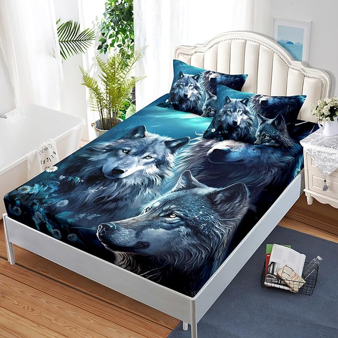 AILONEN Boys Wolf Fitted Sheet Set Twin XL Size, 3 Pieces Wildlife Bed Sheet Set,Evening Moon Wolf Sheet Set for Boys Teen Men,Wolves Print Fitted Sheet with 2 Pillowcases