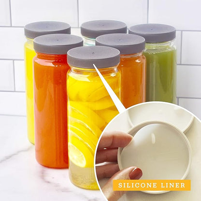 All About Juicing Clear Glass Water Bottles Set - 6 Pack Wide Mouth with Lids for Juice, Smoothies, Beverage Storage - 16 oz, Durable, Reusable, Dishwasher Safe, Leak Proof (Grey Caps)