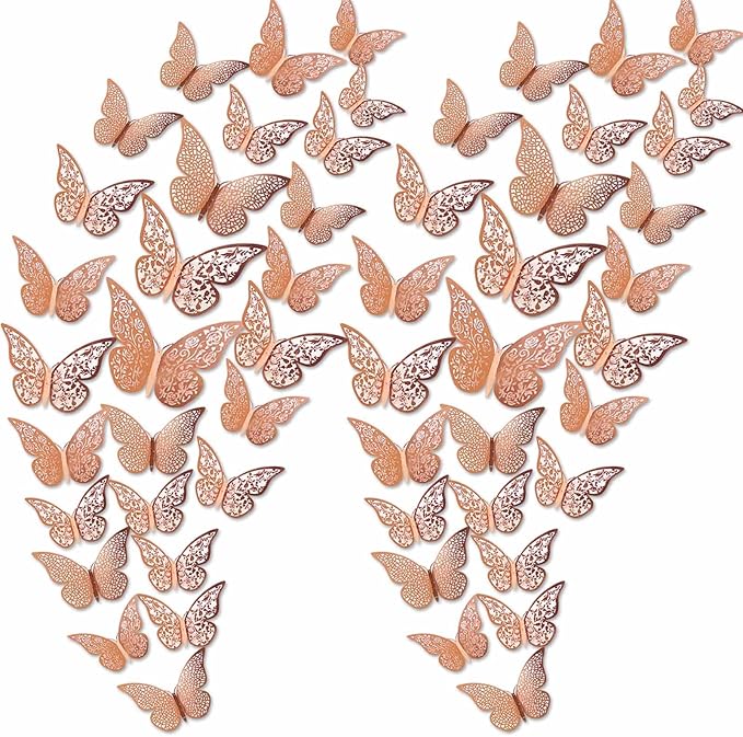 72Pcs 3D Butterfly Wall Decor 3 Sizes 3 Styles, Removable Butterfly Stickers Wall Decals, Butterfly Decorations Party Birthday Cake Decoration for Kids Nursery Wedding Bedroom Room(Rose Gold)