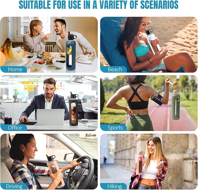 32oz Glass Water Bottle With 2 Lids-Flip Straw Lid, Bamboo Lid, Glass Water Bottle With Silicone Sleeve, Motivational Time Marker, Glass Juice Bottle for Cold Drink,White