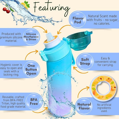 Air Water Bottle 650ml – Water Bottle With 5 Scented Pods, 0% Sugar BPA Free Cup with Bottle & Straw Brushes | Suitable for Outdoor | Sports | Gift Idea (New Gradient Blue/Purple + 5 Pods)