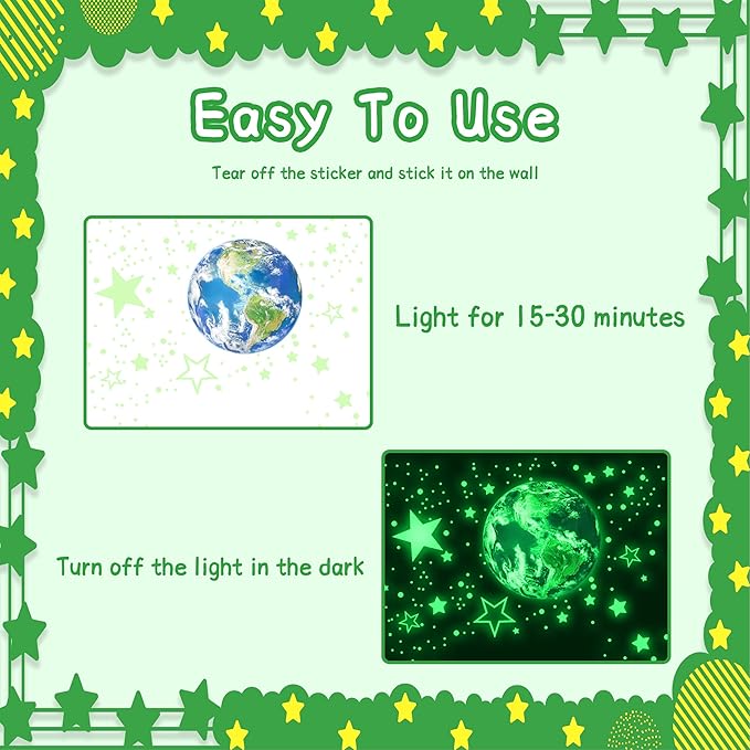 965 PCS Glow in The Dark Stars and Earth for Ceiling, Luminous Stars and Planet Wall Decals, Kids Room Decor, Glowing Galaxy Wall Stickers for Nursery Decorations (Green)