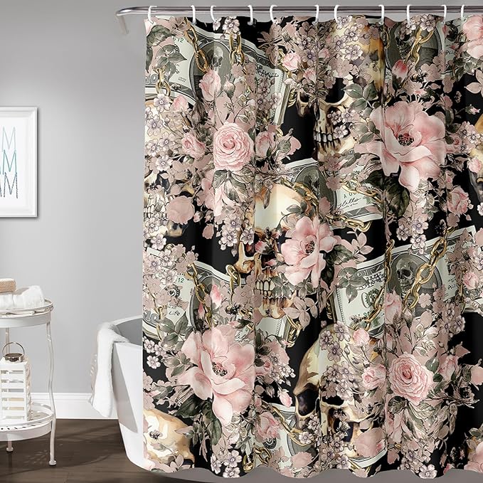 AILONEN Sugar Skull Shower Curtain for Bathroom,Romantic Rose Flower Bath Curtain for Girls Women,Money Skull Skeleton Print Waterproof Curtain with 12 Plastic Hooks, 48" W*72" H