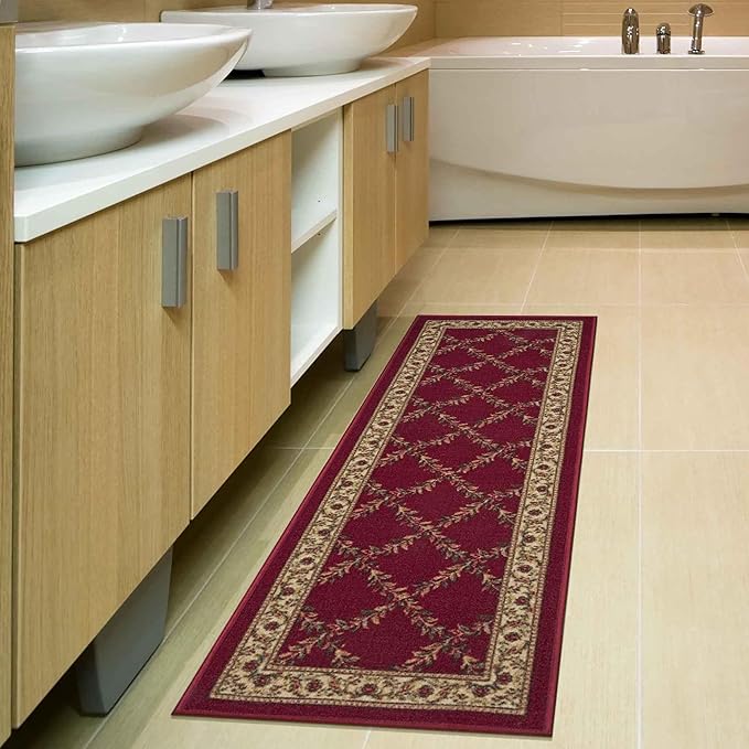 Ottomanson Machine Washable Trellis Design Non-Slip Rubberback 2x7 Modern Runner Rug for Hallway, Kitchen, Living Room, Bedroom, 1'10" x 7', Red Trellis