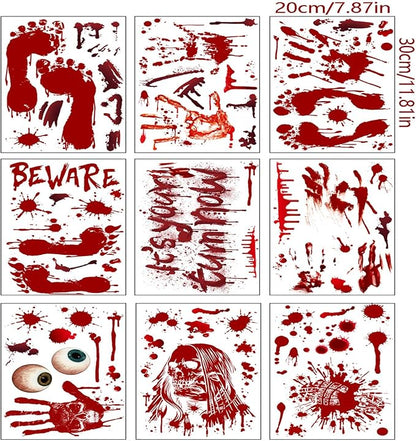 Halloween Horror Blood Seal Window Clings Stickers Decoration Bloodstain Skull Footprint Design Halloween Window Cling Decal Double Sided Static Removable Halloween Glass Window Stickers Supplies