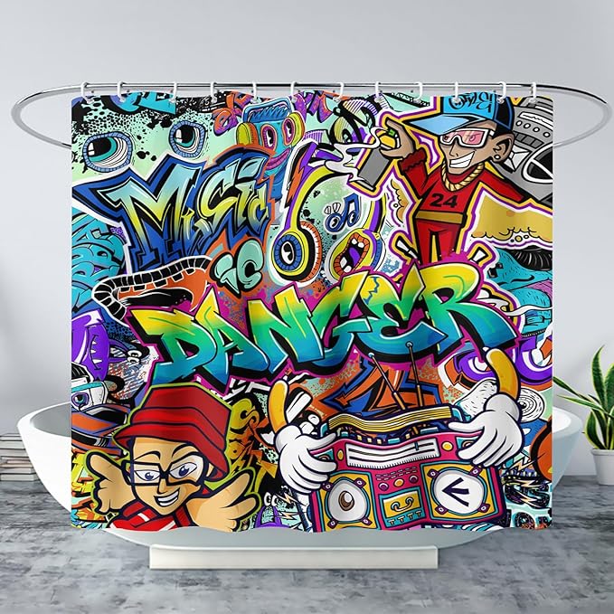 AILONEN Hip Hop Graffiti Shower Curtain for Bathroom,Colorful Graffiti Music Dancer Bathroom Curtain for Kids Boys Girls,Bath Curtain 72" W*84" H Polyester Waterproof Bathroom Curtain with 12 Hooks