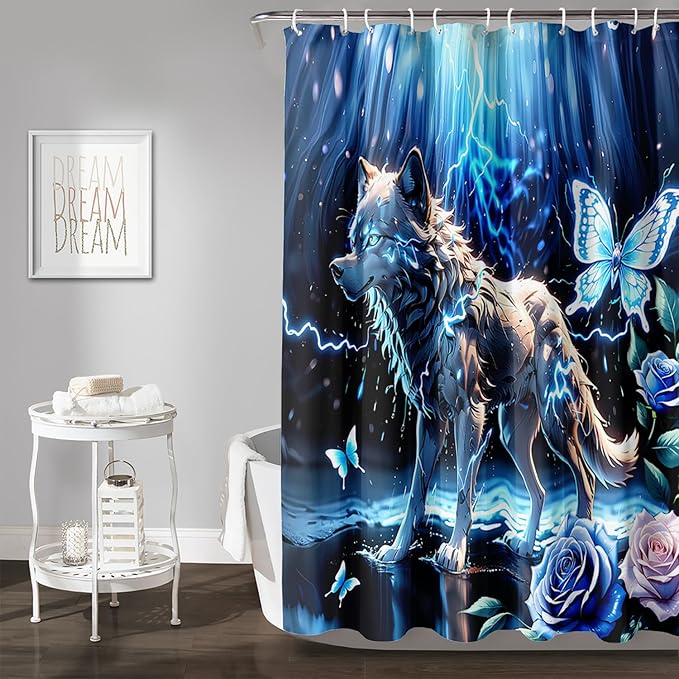 AILONEN Lightning Wolf Shower Curtain for Bathroom,3D Print Glowing Wolf Print Bath Curtain for Boys Men Kids,Raining Wolf Waterproof Bathroom Decor Blue Curtain with 12 Plastic Hooks, 72" W*72" H