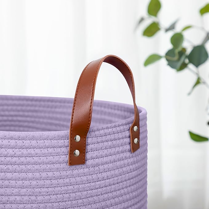 80L Large Rope Basket, Woven Rope Storage Basket with Leather Handles, Dog Toy Storage Basket, Bedroom, Nursery Blanket Storage, Bathroom Laundry Basket, 16“x20” Tall Rope Basket (Purple)