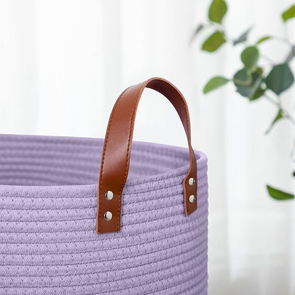 80L Large Rope Basket, Woven Rope Storage Basket with Leather Handles, Dog Toy Storage Basket, Bedroom, Nursery Blanket Storage, Bathroom Laundry Basket, 16“x20” Tall Rope Basket (Purple)