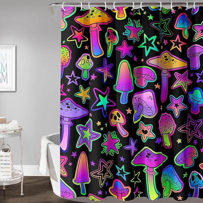 AILONEN Cute Mushroom Window Curtain for Kids,Star Purple Mushroom Curtain for Bathroom Decor,Gradient Mushroom Polyester Waterproof with 12 Plastic Hooks 72" W*78" H