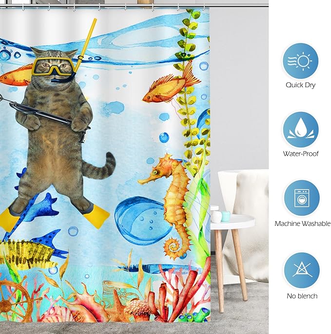 Aimego Stall Small Shower Curtain - Funny Cat Sea Ocean Animal Underwater Tropical Fish Coral Seahorse Fun Narrow Half Fabric Cloth Bath Shower Curtain Set for Bathroom Decor Accessories, 36"x72"