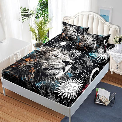 AILONEN Lion Print Twin XL Size Fitted Sheet Set for Boys, Sun and Moon Bed Sheet Cover Set TwinXL,3 Pieces Black and White Sheet Set TwinXL Galaxy Lion Fitted Sheet with 2 Pillowcases