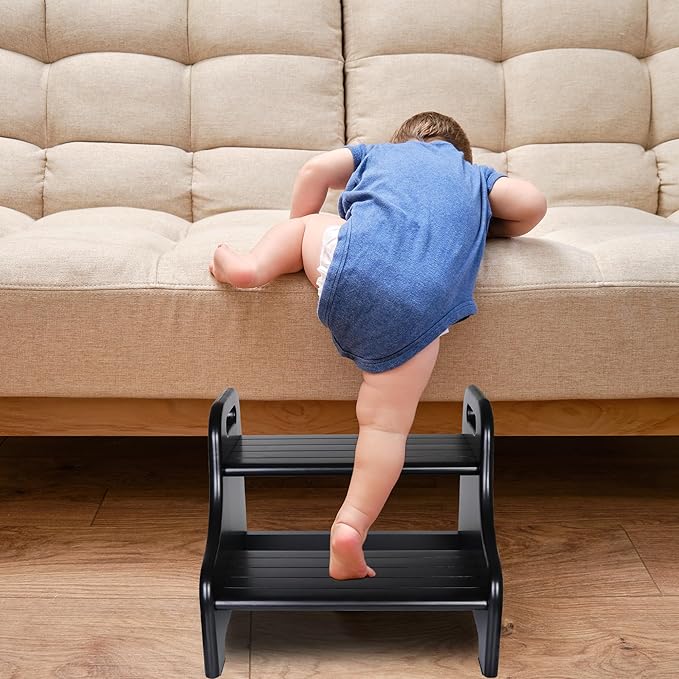 Acacia 2-Step Stool for Kid, Toddler Wood Step Ladder with 2 Handles, Safe Non-Slip Bottom, Rounded Corners, Supports up to 300 lbs, Perfect for Bathroom Bedroom (Black)