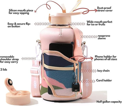 H2O Capsule 2.2L Half Gallon Water Bottle with Storage Sleeve and Removable Straw – BPA Free Large Reusable Drink Container with Handle - Big Sports Jug, 2.2 Liter (74 Ounce), Mountain Night