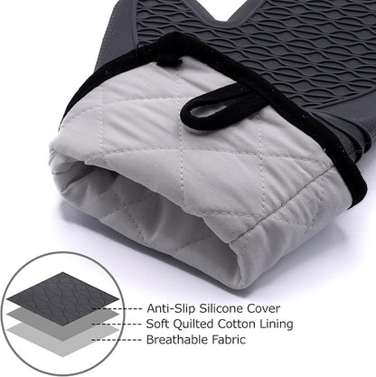 Extra Long Oven Mitts and Pot Holder Set for Ultimate Kitchen Safety- hot Pads and Oven Mitts- Heavy Duty- Silicone Heat Resistant Oven Mitts and Pot holde(Dark Gray)