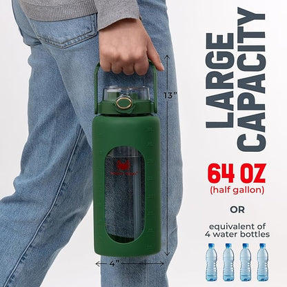 64oz Glass Water Bottle | Green Water Bottle with Straw & Time Marker | Half Gallon Water Bottle with Measurements & Silicone Sleeve | Suitable for Travel, Gym, Sports & Daily Intake