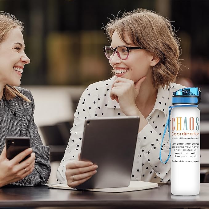 Macorner Chaos Coordinator Water Bottle Time Marker 32oz Leakproof - Birthday Gift Idea for Boss Women Coworker Manager Teacher Boss Lady Office Work Bestie - Suitable for School Gym Nurse Farewell