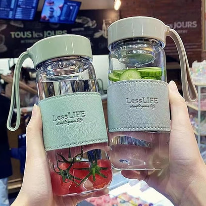 Snminetal 16 oz Borosilicate glass water bottle-with sealing cap and Holsters and filters Reusable Portable Glass drinking Bottle Apply to Make tea, coffee, office Go To School (Blue+Green)