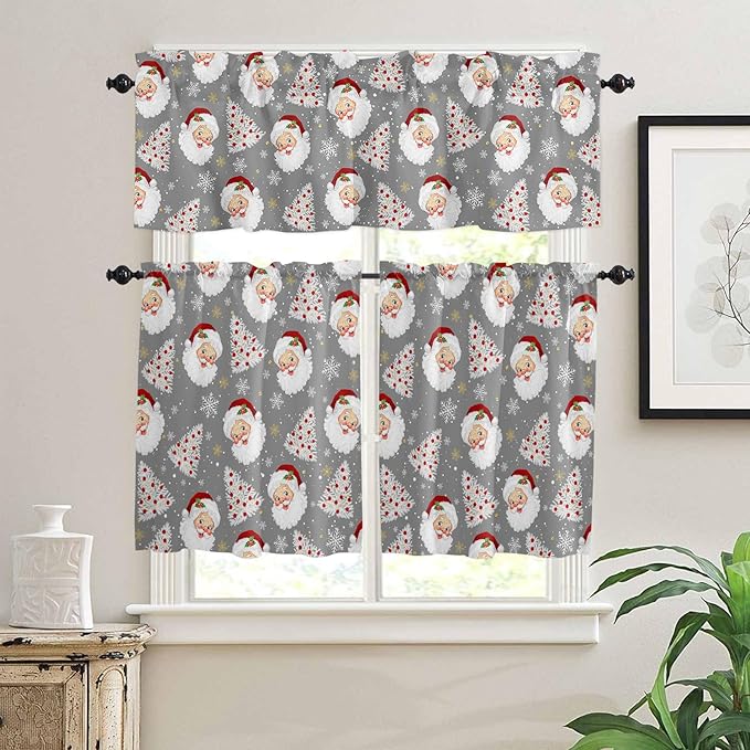 Grey Christmas Kitchen Curtains and Valances Set, Santa Claus Merry Christmas Tree Windows Treatments Tiers Half/Short Curtains for Small Windows Cafe/Living Room/Bedroom 54x36 in Winter Snowflake