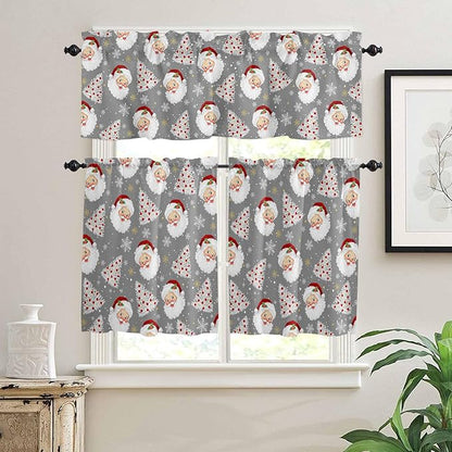 Grey Christmas Kitchen Curtains and Valances Set, Santa Claus Merry Christmas Tree Windows Treatments Tiers Half/Short Curtains for Small Windows Cafe/Living Room/Bedroom 54x36 in Winter Snowflake