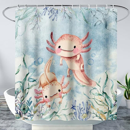 AILONEN Cute Axolotl Shower Curtains,Seaweed Salamander Bath Curtain for Kids Bathroom Decor,Polyester Waterproof with 12 Plastic Hooks 48" W*72" H