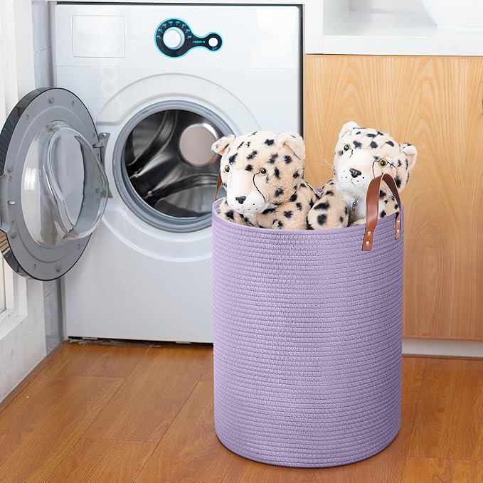 80L Large Rope Basket, Woven Rope Storage Basket with Leather Handles, Dog Toy Storage Basket, Bedroom, Nursery Blanket Storage, Bathroom Laundry Basket, 16“x20” Tall Rope Basket (Purple)