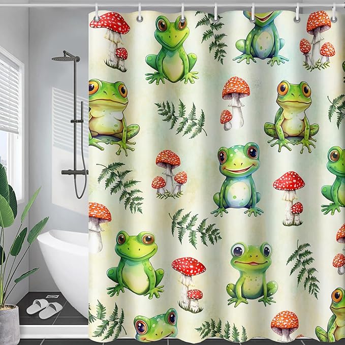 AILONEN Cute Frog Shower Curtain for Bathroom, Mushroom and Frog Bath Curtain,Amphibians Fungus Printed Waterproof Curtain with 12 Plastic Hooks,Green 72" W*84" H