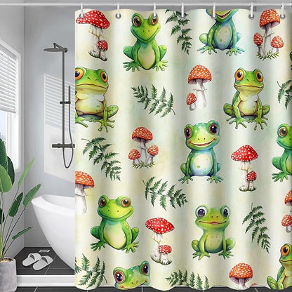 AILONEN Cute Frog Shower Curtain for Bathroom, Mushroom and Frog Bath Curtain,Amphibians Fungus Printed Waterproof Curtain with 12 Plastic Hooks,Green 72" W*84" H