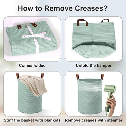 80L Large Rope Basket, Woven Rope Storage Basket with Leather Handles, Dog Toy Storage Basket, Bedroom, Nursery Blanket Storage, Bathroom Laundry Basket, 16“x20” Tall Rope Basket (Green)