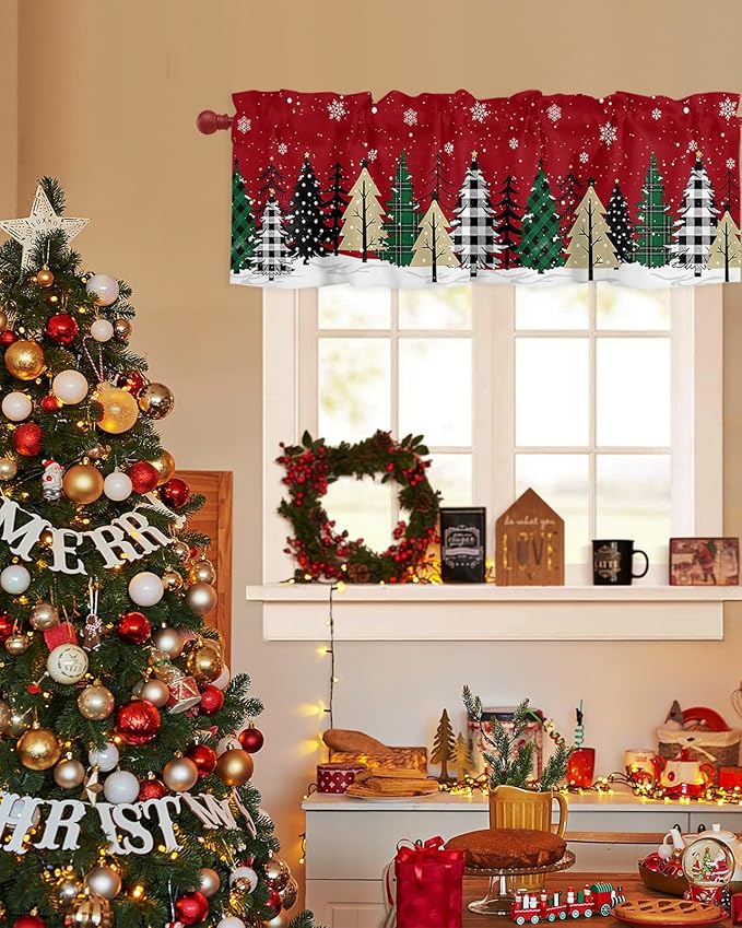 Red Merry Christmas Valance Curtains for Kitchen Windows Green Christmas Tree Rod Pocket Window Treatment Toppers for Kitchen/Living Room/Bedroom/Bathroom, 60" X 18", White Snow Forest Winter