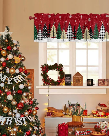 Red Merry Christmas Valance Curtains for Kitchen Windows Green Christmas Tree Rod Pocket Window Treatment Toppers for Kitchen/Living Room/Bedroom/Bathroom, 60" X 18", White Snow Forest Winter